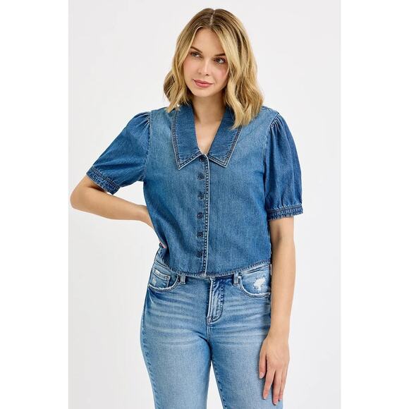 RISEN Button Down Short Puff Sleeves Medium Washed Casual Cropped Denim Shirt - Picture 6 of 7